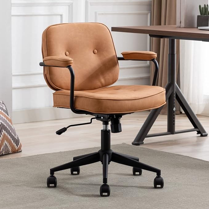 LukeAlon Adjustable Pu Leather Office Chair, Comfy 360° Swivel Task Chair with Armrest Modern Thickened Seat Desk Chair Tiltable Computer Chair with Button Tufted for Home Office, Light Brown