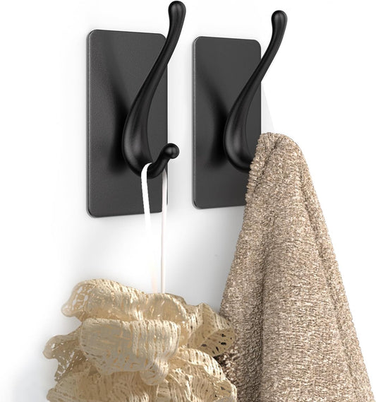 Towel Hooks, Solid Alloy Adhesive Wall Hooks for Hanging, Towel Hooks for Bathroom, RV, Kitchen, Closets, etc (Black, 2 Pack)