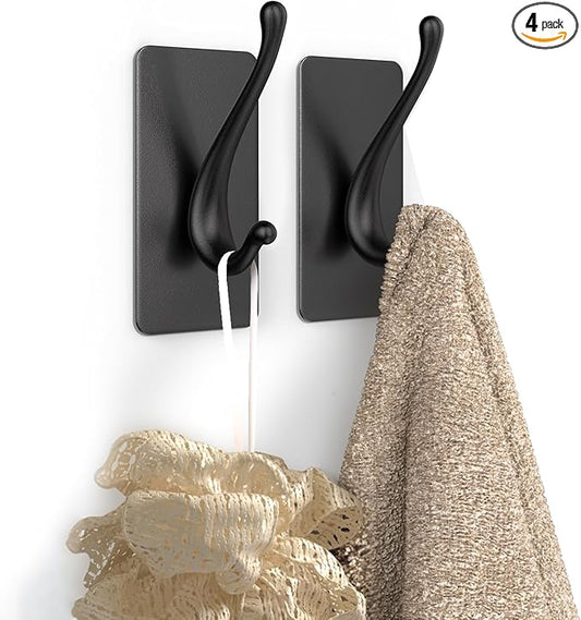 Towel Hooks, Solid Alloy Adhesive Wall Hooks for Hanging, Towel Hooks for Bathroom, RV, Kitchen, Closets, etc (Black, 2 Pack)