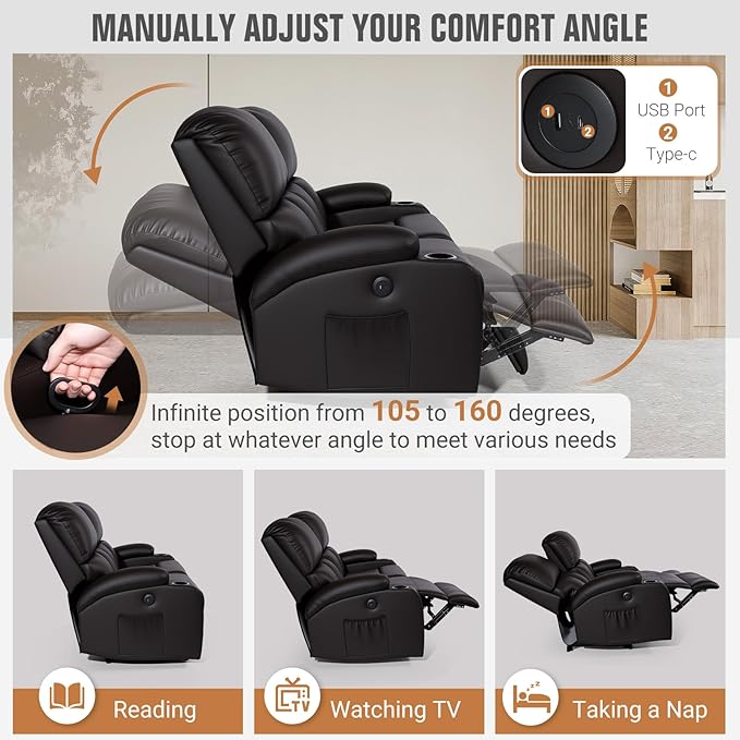Home Theater Seating,RV Recliner Sofa with Massage and Heat,Manual RV Recliner Loveseat with USB/Cup Holders and Side Pocket for Living Room,2 Seater Brown