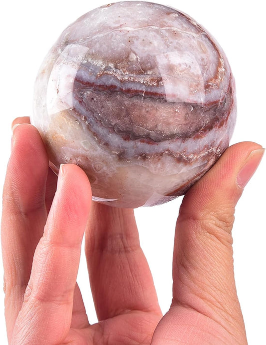 JIC Gem Striped Agate Crystal Ball with Wooden Stand Healing Crystal Sphere Ball for Feng Shui Decor Spiritual Gifts 60-70mm