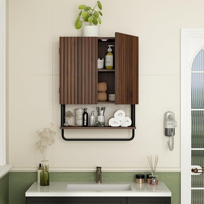 RUSTOWN Fluted Bathroom Wall Cabinet with 2 Doors, 3-Tier Modern Farmhouse Medicine Cabinet, Over The Toilet Storage Cabinet with Adjustable Shelf and Towel Bar (Dark Walnut, Medium)