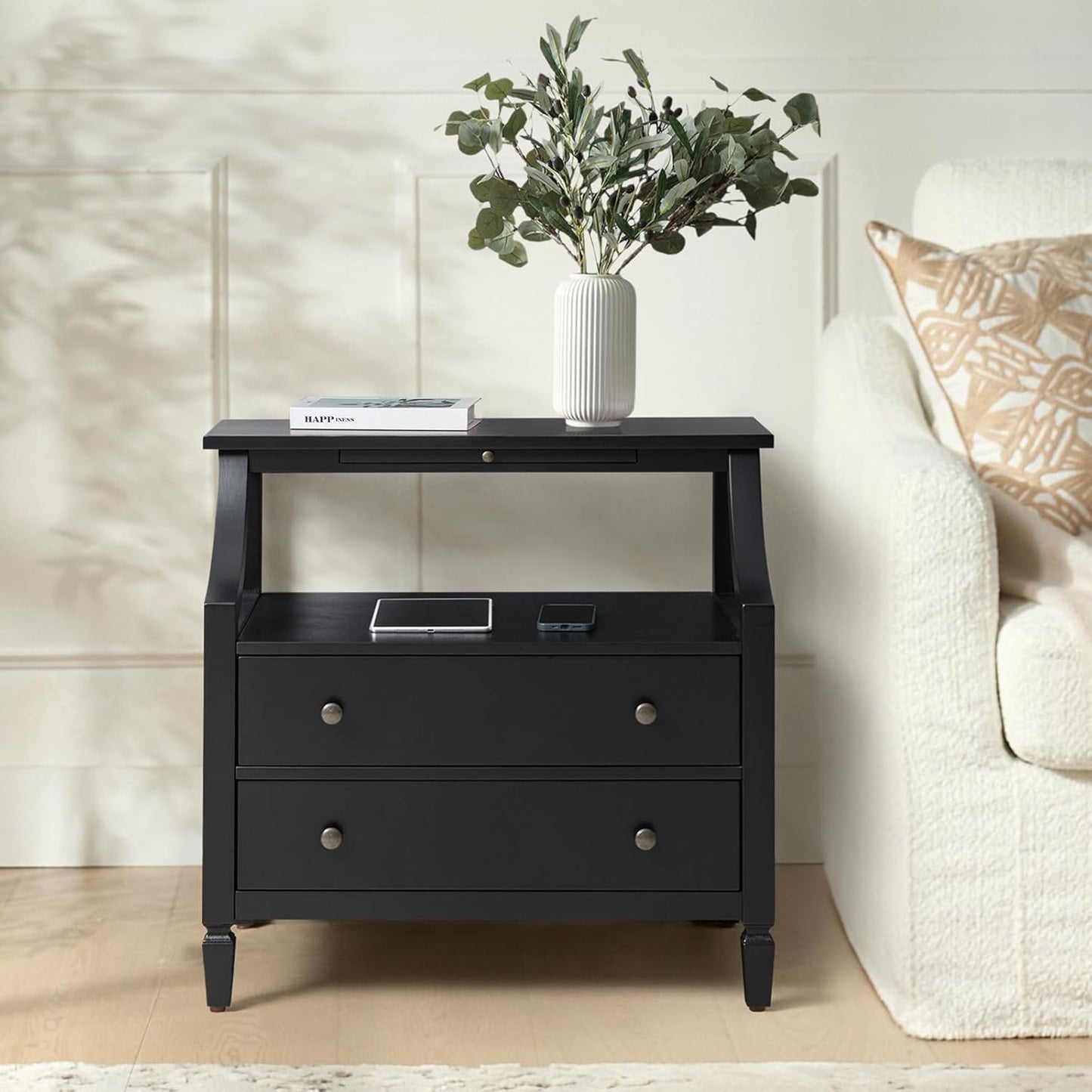 HULALA HOME Large Farmhouse Nightstand with Charging Station, Mid-Century Modern 2 Drawer Dresser, Bedside Table with Pull Out Shelf and Hidden Storage Space for Bedroom, Black