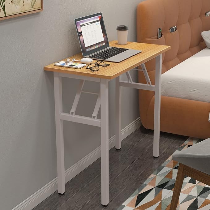 DlandHome Folding Desk - 31.5 Inch Small Computer Desk for Home Office - Folding Table Writing Table for Small Spaces - No Assembly Required - Teak & White Frame
