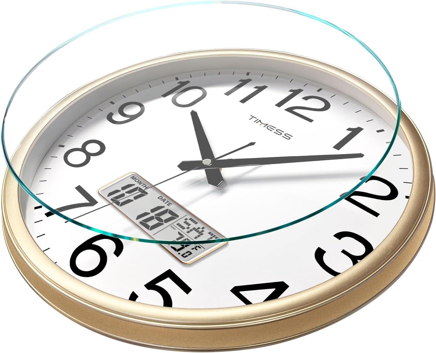 Wall Clock, 11 Inch Non-Ticking Silent Battery Operated Quartz Analog with LCD Display for Perpetual Calendar and F° Temperature, Ideal Modern Home, Bedroom, Kitchen, Office Décor (Gold)