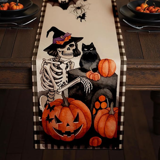 Halloween Table Runner with Spooky Skeletons, Black Cats & Pumpkins, Table Decoration for Dining Party and Home Decor,96x13 inches