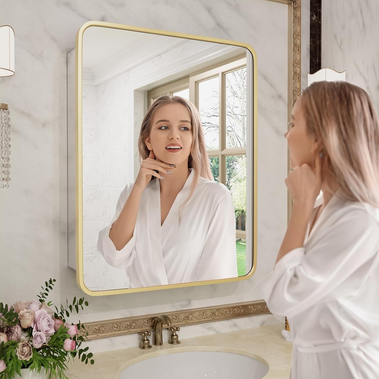 HOMECOOKIN Farmhouse Gold Metal Framed Recessed Bathroom Medicine Cabinet with Beveled Mirror Rounded Rectangle Bathroom Medicine Cabinet 22x28 inch