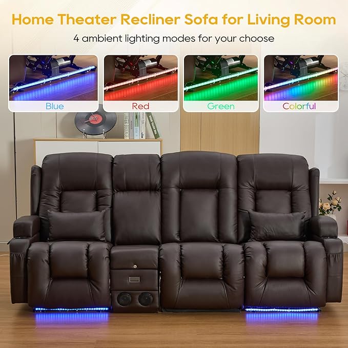 IPKIG 89" Power Reclining Loveseat Sofa, Electric Home Theater Seating with Console/4 Colors Ambient Lighting/Bluetooth Speakers/USB Ports/Built-in Outlets (Brown, 3-Seater with Console)