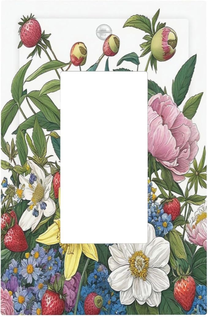 Spring Watercolor Flower Plant Strawberry Peony Floral Decorative Outlet Covers 1 Gang Single Rocker Wall Plates GFCI Faceplate Light Switch Cover Plate for Bedroom living Room Decor