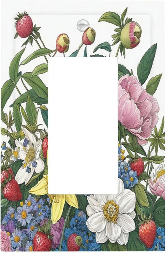 Spring Watercolor Flower Plant Strawberry Peony Floral Decorative Outlet Covers 1 Gang Single Rocker Wall Plates GFCI Faceplate Light Switch Cover Plate for Bedroom living Room Decor