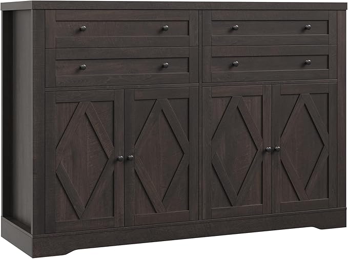 HOSTACK 55" Coffee Bar with 4 Large Drawers, 40" Tall Buffet Cabinet with Storage, Kitchen Storage Cabinet, Modern Farmhouse Sideboard Buffet, Adjustable Shelves for Living Room, Dark Brown
