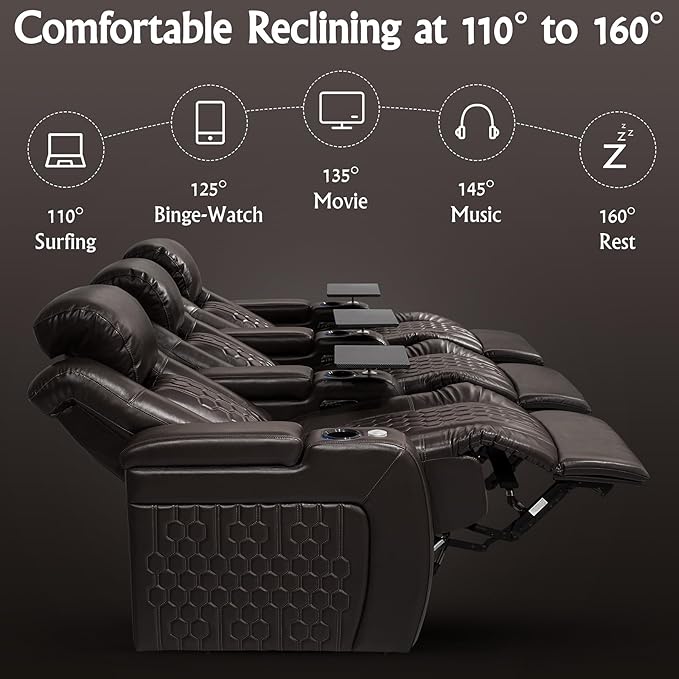 Home Theater Seating, Living Room,Powered Headrest, Powered Lumbar, Italian Leather, Powered Recline, Single Recliner (Coffee Color, Row of 3)