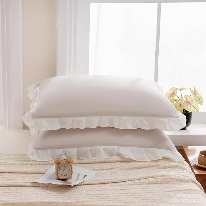 Merryword Beige Pillow Shams Beige and White Reversible Queen Pillowcases Cute Pillow Cover Set of 2 Soft Shabby Chic Ruffled Pillowcases 2 Pack (Queen (20''x30''), Beige White)