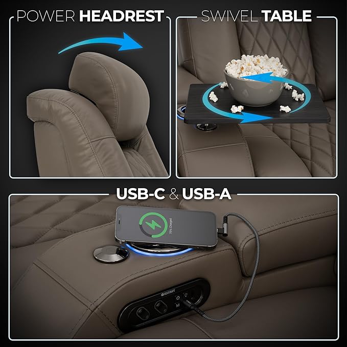 Seatcraft Diamante Zero-Gravity CoolZero Italian Leather Home Theater Seating, Power Headrest, Power Recline, Row of 5 Middle Sofa, Gray