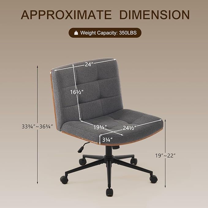 Furnimart Wide Swivel Criss Cross Legged Chair with Wheels, FSC Certified Wooden Desk Chair with Mid-Back Support, Comfy Armless Height Adjustable Vanity Chair for Desk, Bedroom (Linen Gray)