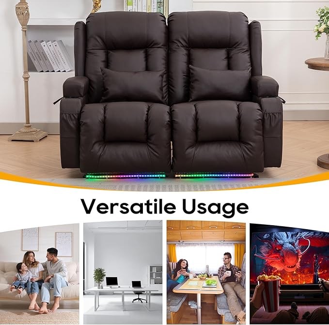 IPKIG 54" Power Loveseat Recliner Sofa, Electric Home Theater Seating with Massage Heat/4 Colors Ambient Lights/USB Port/Side Pocket/Cup Holder for Living Room, Bedroom, Home (Brown, 2 Seater)