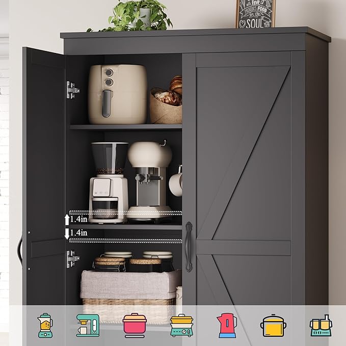 HOSTACK 70" Tall Kitchen Pantry Storage, Barn Doors Pantry Cabinet with Drawers and Adjustable Shelf, Modern Farmhouse Storage Cabinet for Kitchen, Dining Room, Living Room, Bathroom, Black