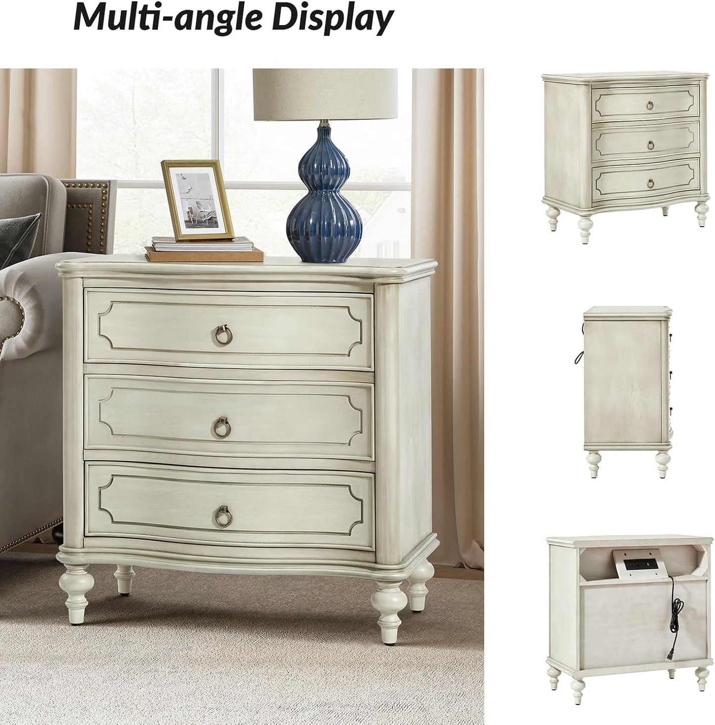HULALA HOME Wood Nightstand with Charging Station, 3 Drawer Traditional Nightstands, End Table with Solid Wood Legs for Bedroom, USB Ports & Three-Prong Plugs, White