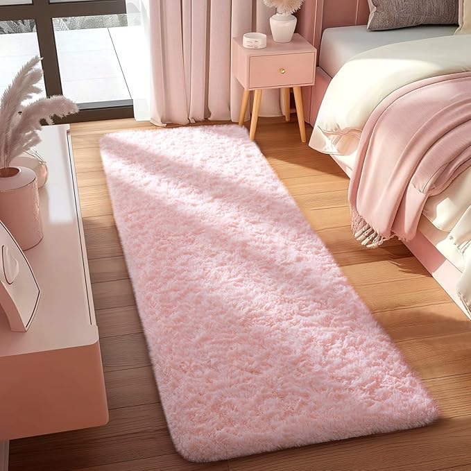 Ophanie Pink Runner Rug for Hallway, 2x6 Bedroom Bedside Living Room Rugs, Non Slip Fluffy Soft Shaggy Carpet for Kids Girls Boys Dorm Nursery Home Decor Aesthetic