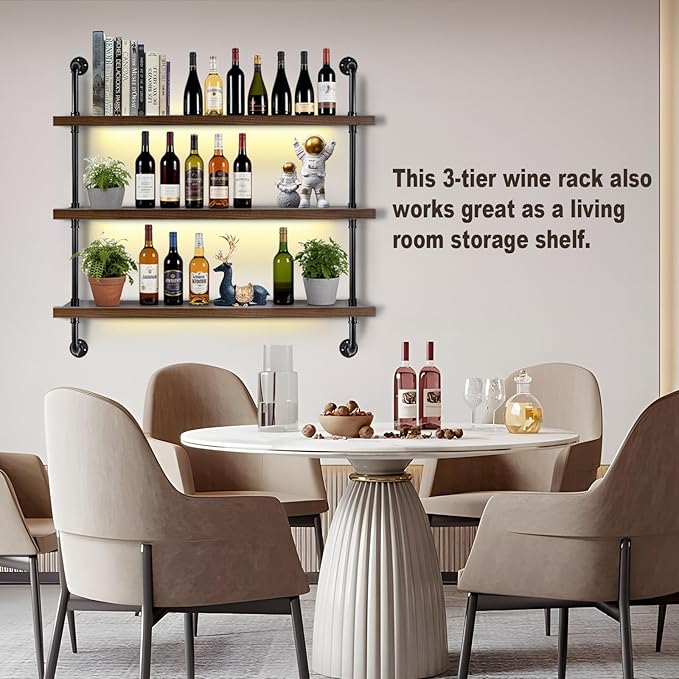 39.5-inch Modern Wall-Mounted Wine Rack with LED Lights, 3-Tier Liquor Bottle Display Bar Shelves, Industrial Wine Rack Floating Shelf, Multifunctional Wine Storage Rack for Home, Kitchen or Bar Decor