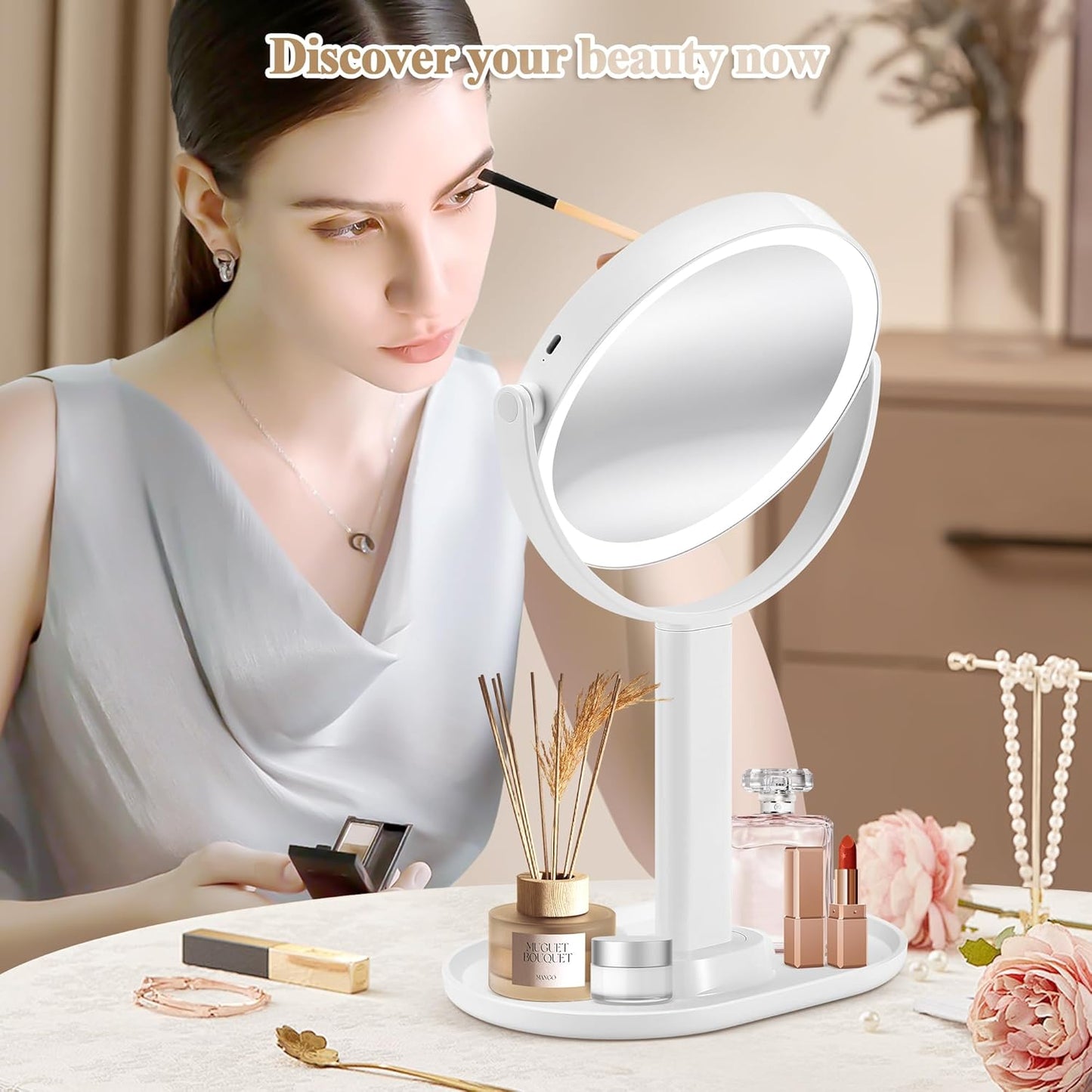 Makeup Mirror with Lights, Double Sided 1x/20x Magnifying Mirror with Light, Rechargeable 3 Color Lights and Adjustable Brightness, 360° Rotation Detachable Comes with Tweezer(White)