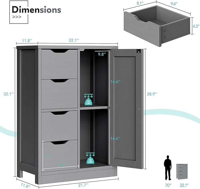 Vongrasig Bathroom Floor Storage Cabinet, Wooden Storage Organizer with 4 Drawers and 1 Door, Freestanding Pantry Cabinet with Adjustable Shelves for Bathroom, Living Room, Kitchen, Entryway, Grey