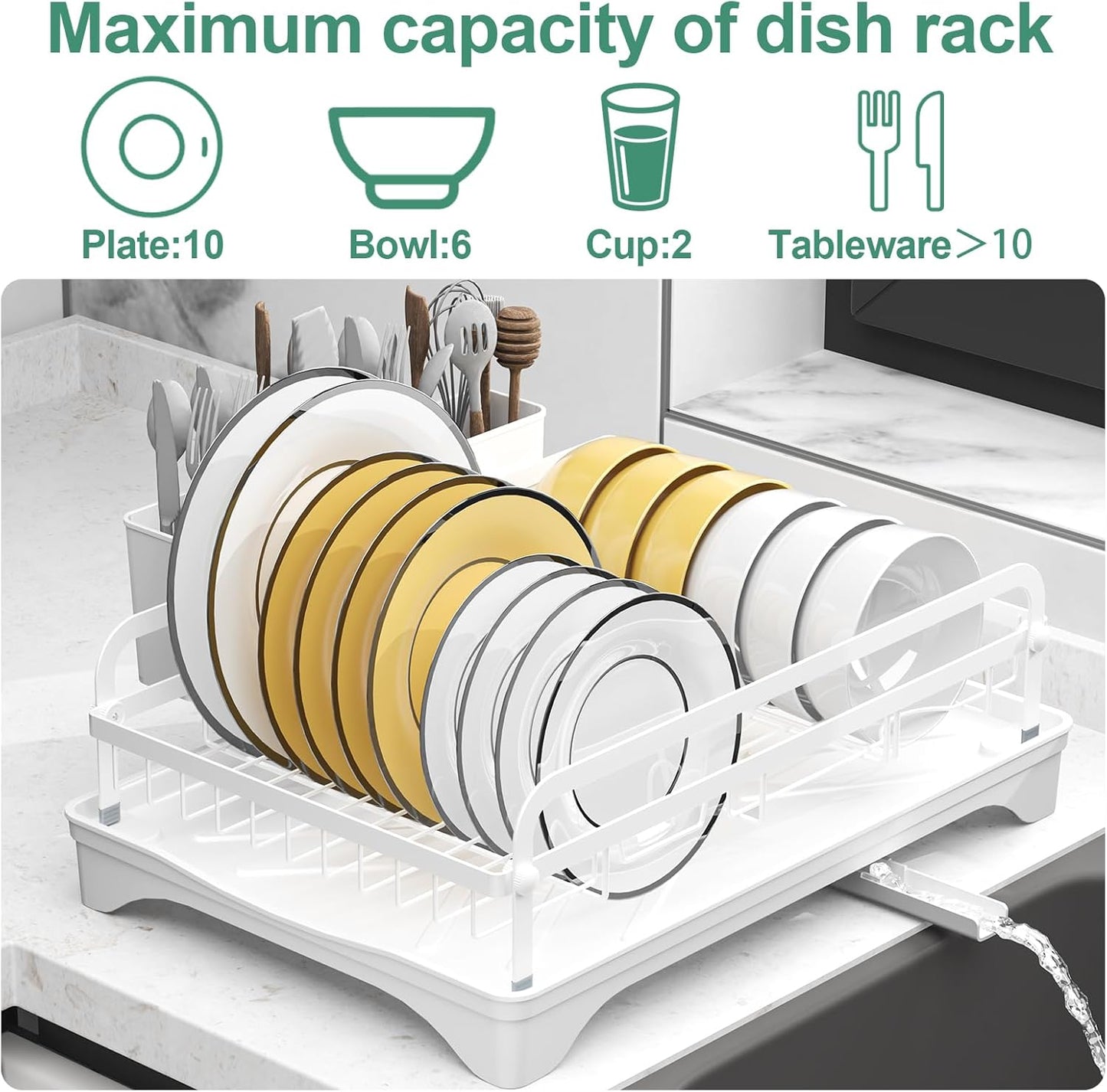 Dish Drying Rack,Dish Racks for Kitchen Counter, Metal Dish Drainer with Adjustable Drainage Spout, Removable Knife and Fork Holder (White)