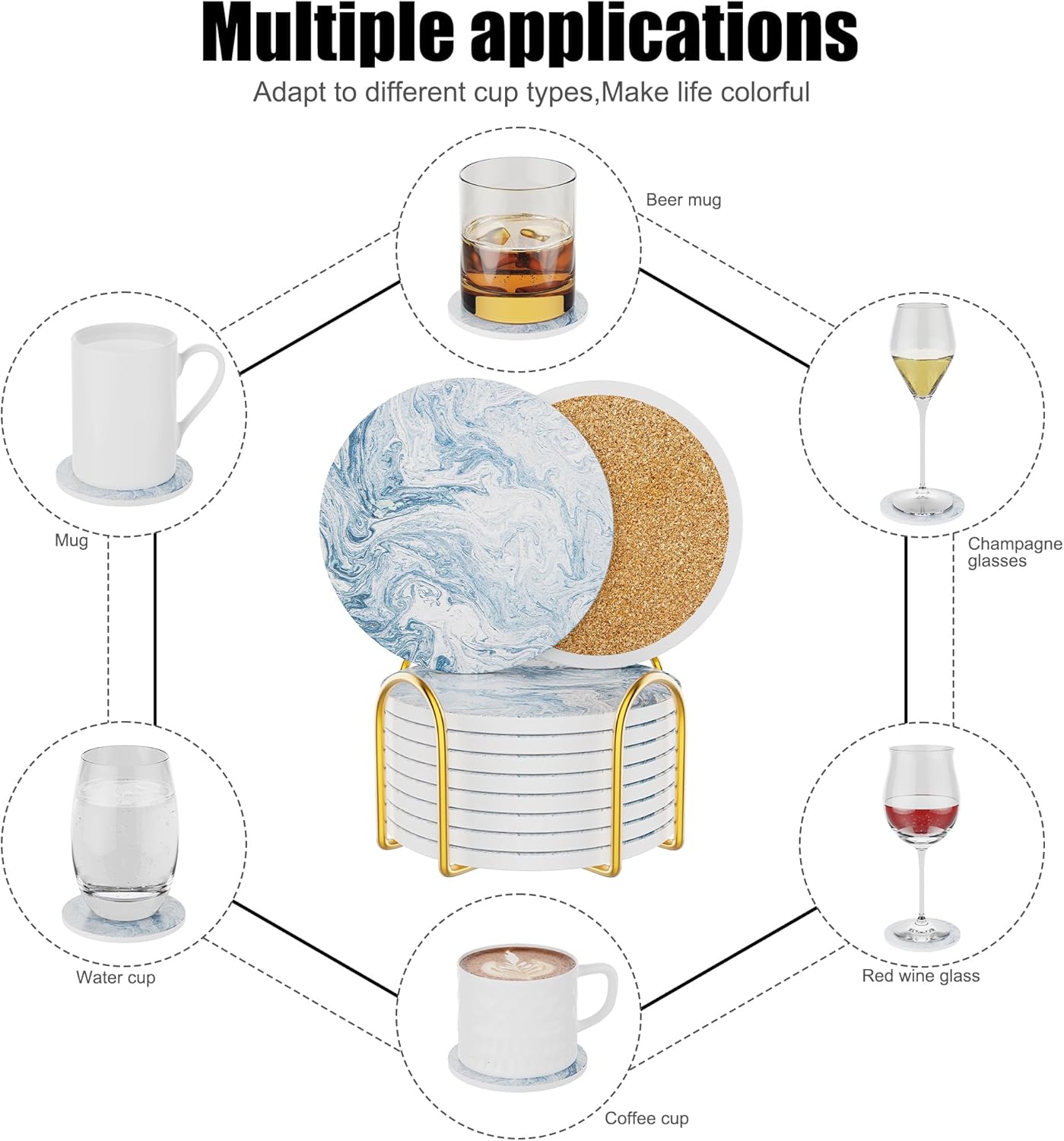 Coasters for Drinks Set of 8, Absorbent Abstract Light Blue Marble with Metal Golden Holder, Ceramic Coaster Set Cup Mat for Home Decor, Bar, Kitchen, Party