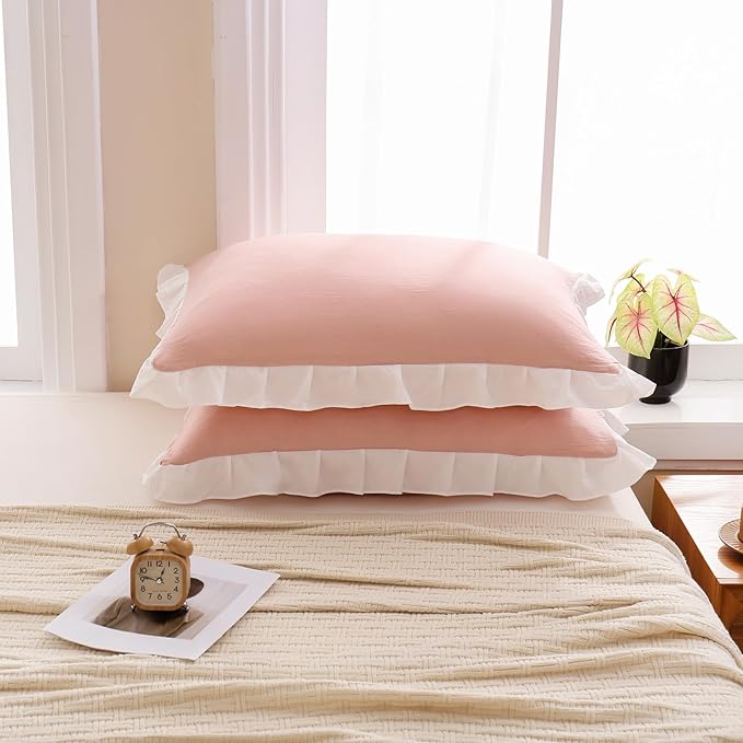 Merryword Pink Pillow Shams Pink and White Reversible Queen Pillowcases Cute Pillow Cover Set of 2 Soft Shabby Chic Ruffled Pillowcases 2 Pack (Queen (20''x30''), Pink White)
