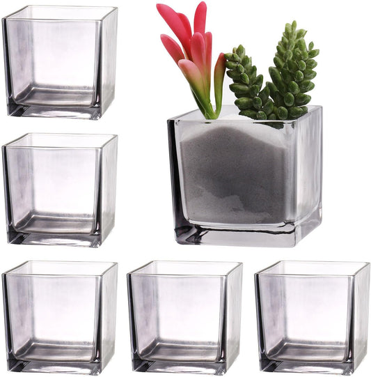 Square Vases Set of 6, 3"x 3"x 3" Glass Vases for Flowers, Square Flower Vase for Centerpieces, Small Grey Vase for Wedding, Party, Home Office Decoration