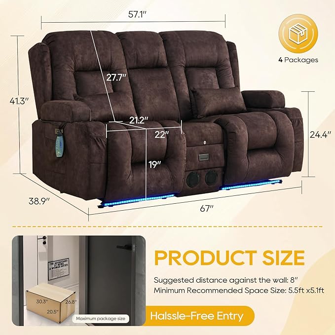 IPKIG 67" Power Reclining Loveseat Sofa, Electric Home Theater Seating with Console/4 Colors Ambient Lighting/Bluetooth Speakers/USB Ports/Built-in Outlets (Velvet-Brown, Loveseat Recliner)