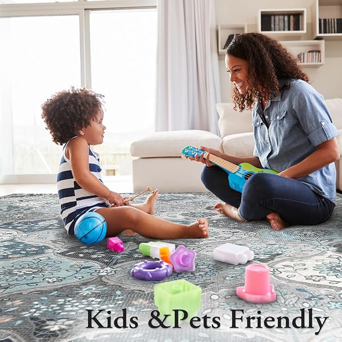 Lahome Moroccan Washable Area Rug 6x9, Ultra-Thin Large Living Room Rugs for Bedroom, Oriental Trellis Distressed Non Shedding Throw Carpet for Dining Room Office, Blue