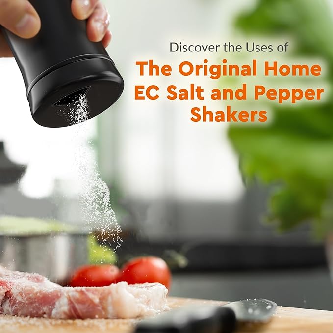 HOME EC Original Salt and Pepper Shakers Set with Adjustable Pour Holes - Black Salt Shaker and Pepper Shaker - Farmhouse Spice dispenser for salts, Ground peppercorn and spices