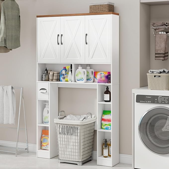 Over The Toilet Storage Cabinet, Farmhouse Toilet Cabinet Rack with 3 Barn Doors, Space Saving Bathroom Organizer with Shelves, Toilet Paper Holder and Towel Rack for Bathroom,Restroom,Laundry, White