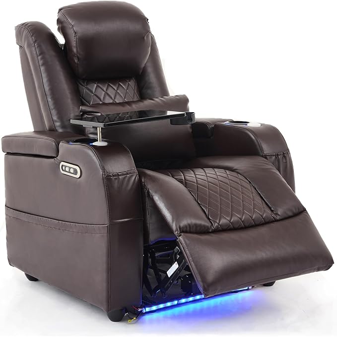 Home Theater Seating Seats, Game Movie Theater Chairs Theater Recliner Sofa with 7 Colors Ambient Lighting, Lumbar Pillow, Side Pocket, Tray Table, Power Recliner