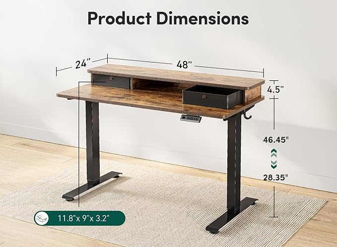 FEZIBO 48'' x 24'' Height Adjustable Electric Standing Desk with Double Drawer, Home Office Stand Up Table with 4 Height-Adjustable Feets & 2 Hooks, Vintage Brown