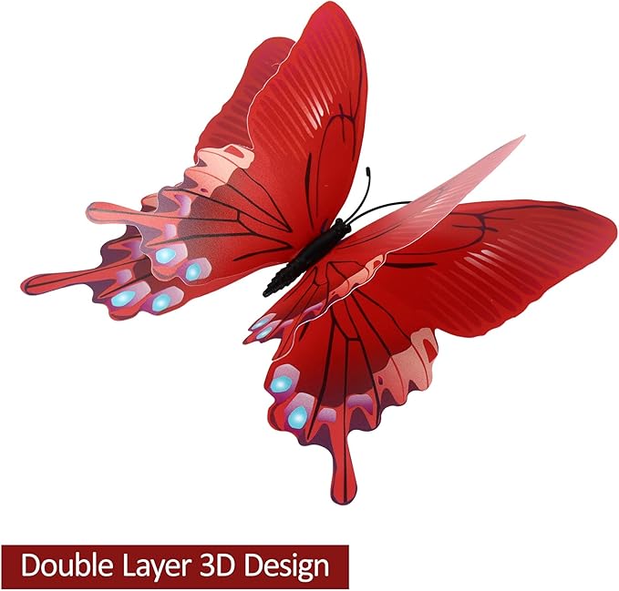 12PCS Butterfly Wall Decals Removable 3D Red Butterflies Sticker with Magnets for Home Bedroom Kids Room Decor (Double Layer-Red/12PCS)