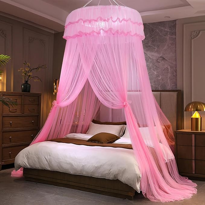 Kertnic Mosquito Net Bed Canopy for Girls, Princess Canopy Bed Curtain Fine Sheer Mesh Dome Bed Canopies, Kids & Adults Lace Tent for Twin Full Queen King Bed (Pink)