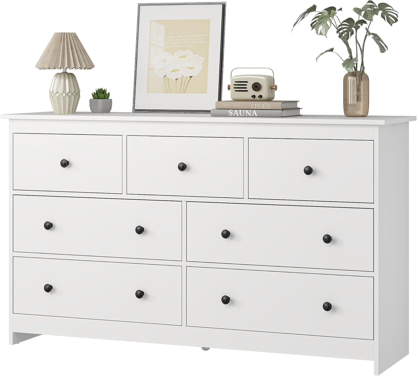 JOZZBY 7 Drawer Dresser for Bedroom, 55 Inch White Wooden Large Dresser with Golden Handles, Modern Chests of Deep Drawers Organizer for Home Office, Hallway