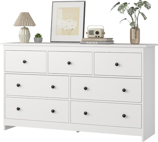 JOZZBY 7 Drawer Dresser for Bedroom, 55 Inch White Wooden Large Dresser with Golden Handles, Modern Chests of Deep Drawers Organizer for Home Office, Hallway