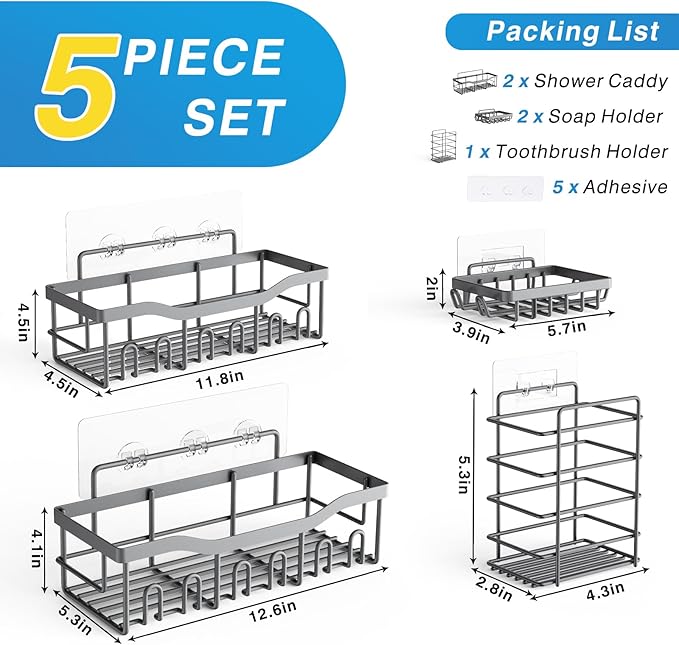 5-Pack Rustproof Stainless Steel Shower Caddy – No Drill Adhesive Bathroom Organizer with Large Capacity, Spacious Shower Shelves for Inside Shower, Kitchen & Home Decor Storage-XL Size