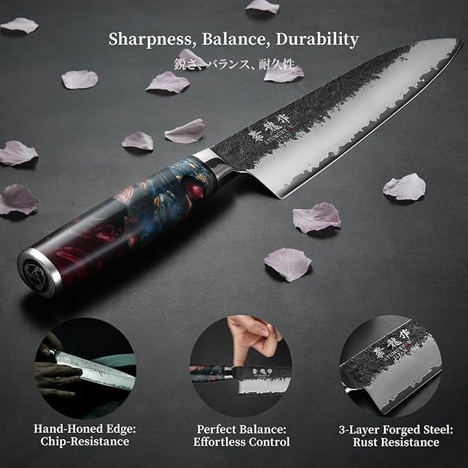 Japanese Chef Knife, 8 Inch Hand Forged Kitchen Knives with VG10 Core, Professional Gyuto Knife for Home & Restaurant, Sanmai Chefs Knives with Ergonomic Red Handle, Cooking Gifts for Men Women