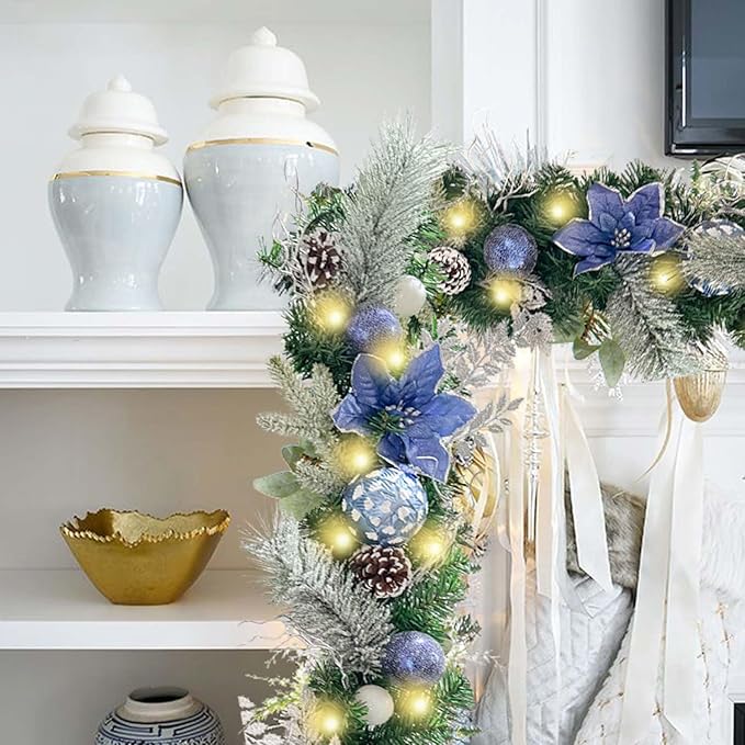 WANNA-CUL Pre-Lit 6 ft Silver Blue Christmas Garland Decor with Lights for Front Door Lighted Christmas Mantel Garland Decoration