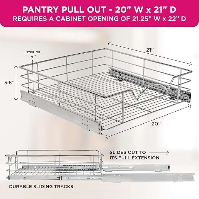 HOLDN’ STORAGE Pull Out Cabinet Organizer, Individual Sliding Drawers - Heavy Duty Metal with Lifetime Limited Warranty - Anti Rust Chrome Finish (Single Tier, 20" W)