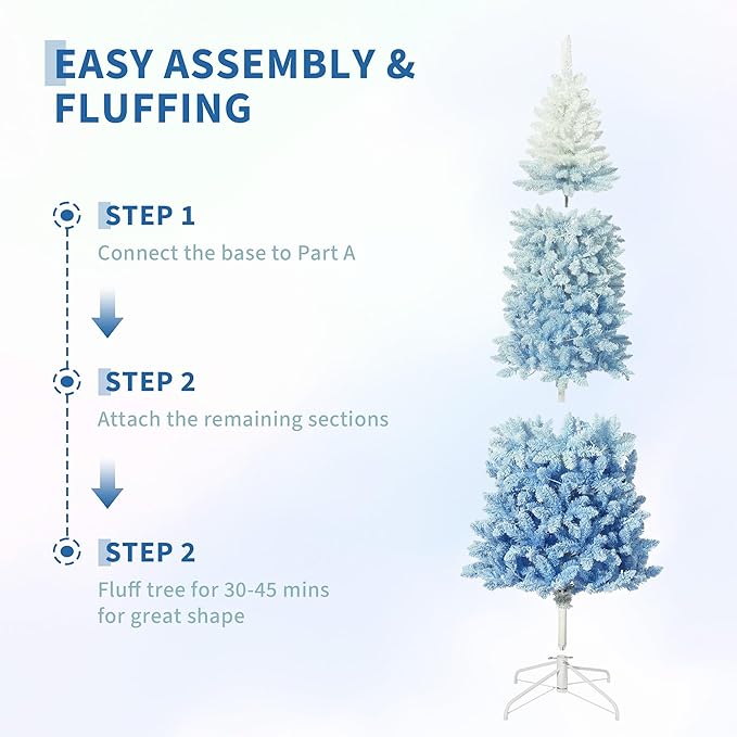 GarveeHome 7.5ft Snow Flocked Pencil Christmas Tree, Slim Artificial Christmas Tree with Sturdy Metal Stand, Skinny Xmas Tree Holiday Decoration for Home, Office, Blue Gradient