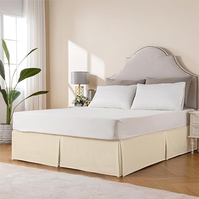 MIYE Pleated Waffle Weave Bed Skirt, Tailored Dust Ruffle 12 Inch Drop Easy Fit, Machine Washable,No Split Corners(Light Beige, Cal King - 12" Drop)