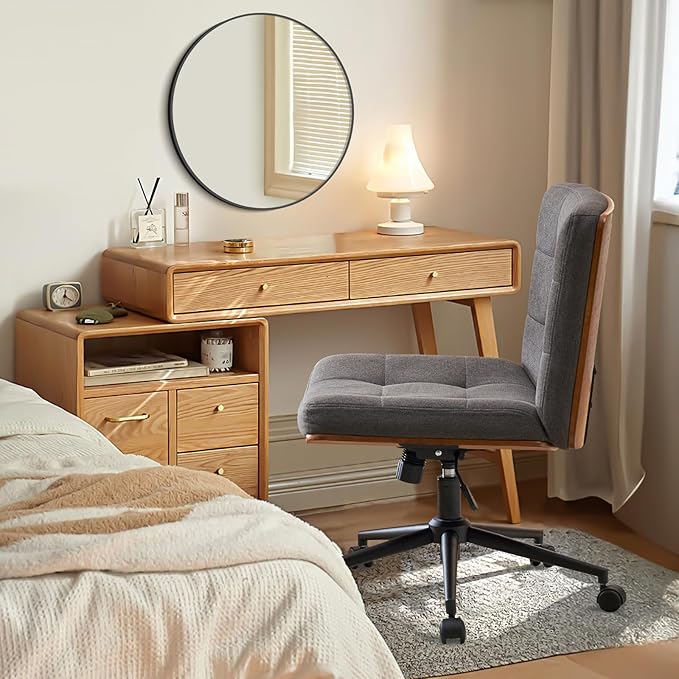 Furnimart Wide Swivel Criss Cross Legged Chair with Wheels, FSC Certified Wooden Desk Chair with Mid-Back Support, Comfy Armless Height Adjustable Vanity Chair for Desk, Bedroom (Linen Gray)