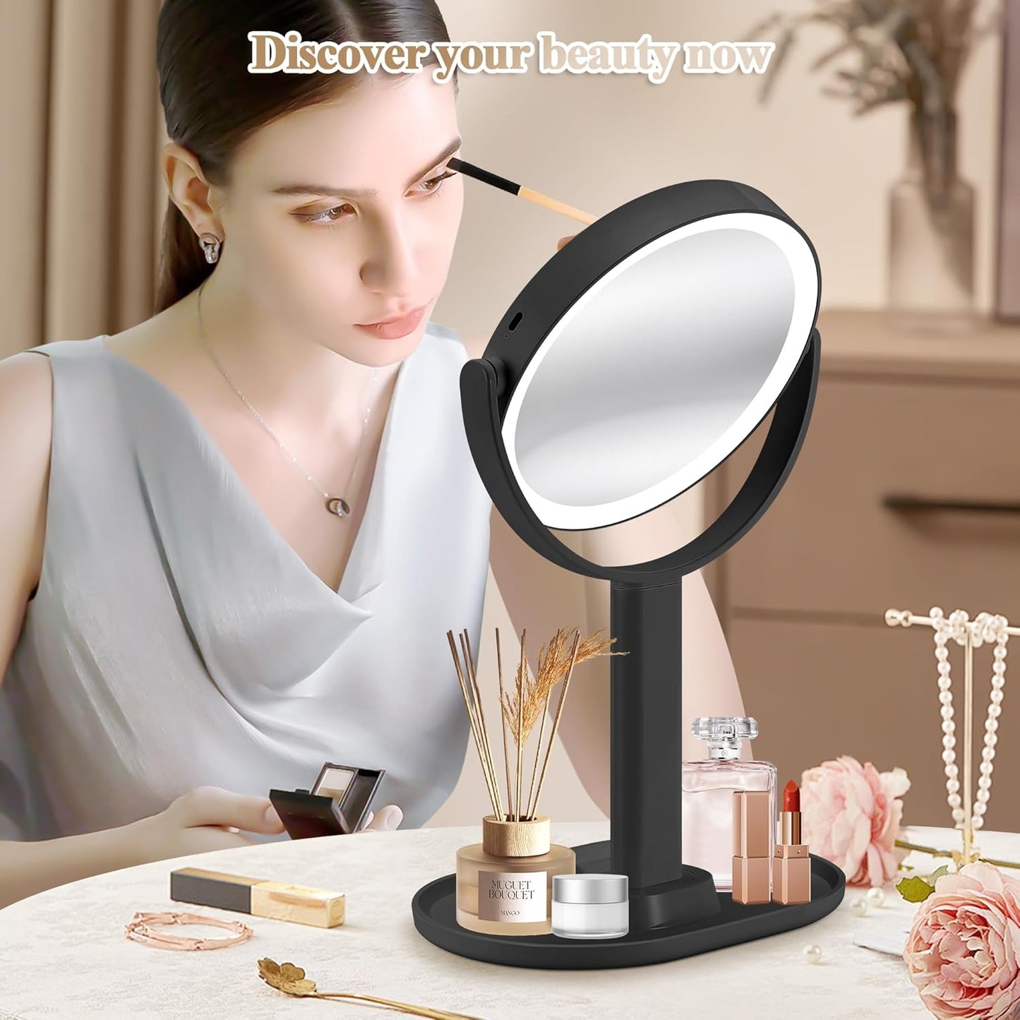 Makeup Mirror with Lights, Double Sided 1x/20x Magnifying Mirror with Light, Rechargeable 3 Color Lights and Adjustable Brightness, 360° Rotation Detachable Comes with Tweezer(Black)