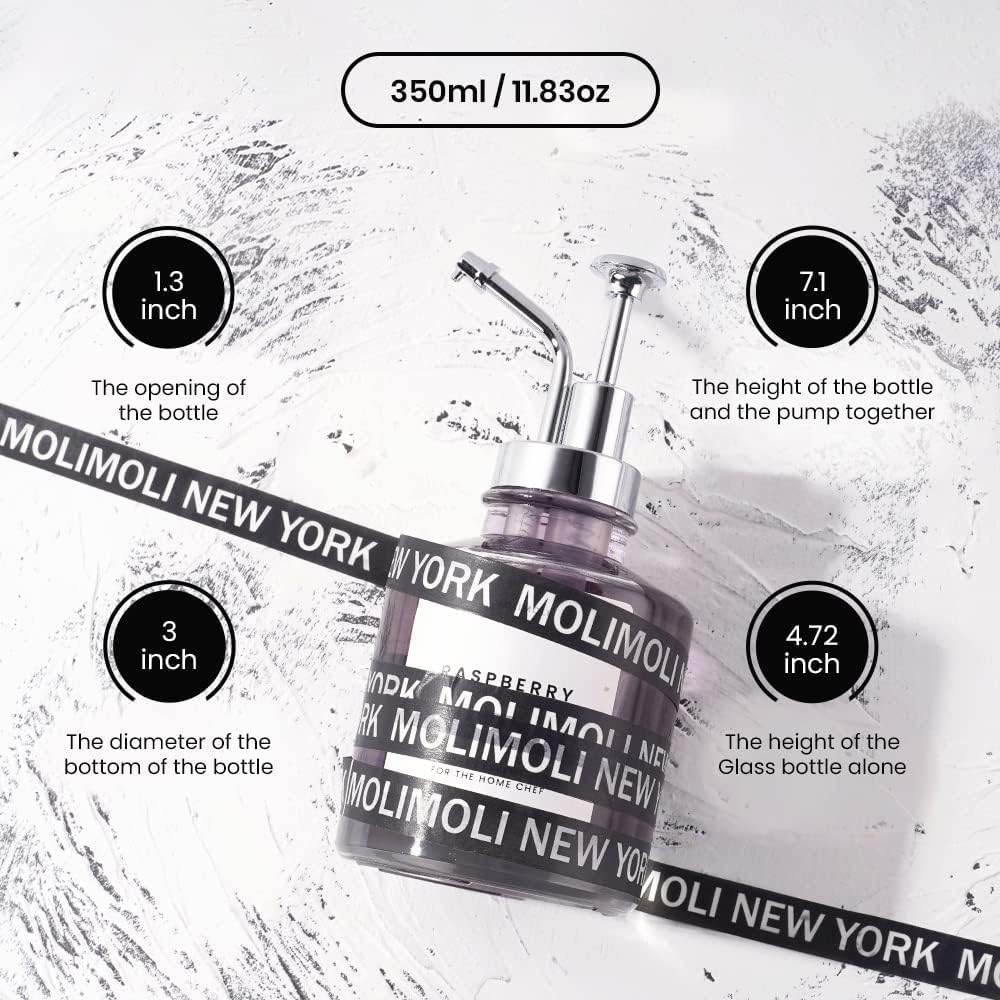 Molimoli (Upgraded Pump) Coffee Syrup Dispenser for Coffee Bar, Coffee Pump Dispenser, Glass Syrup Bottle w. Pump, 11.8 oz 350 ml, Set of 2, Silver