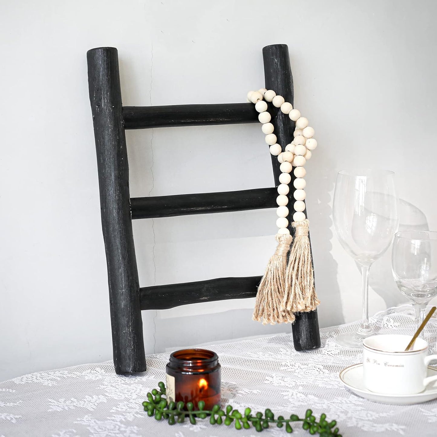 FUIN Fully Assembled Wooden Tea Towel Ladder, Mini Ladder Towel Rack Display Hanger, Small Rustic Farmhouse Tea Towel Stand Holder for Country Bathroom Decor, Black